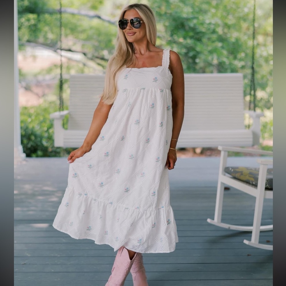 TheseThreeBoutique Betty Floral Embroidered Dress, White Eyelet Spring Dress